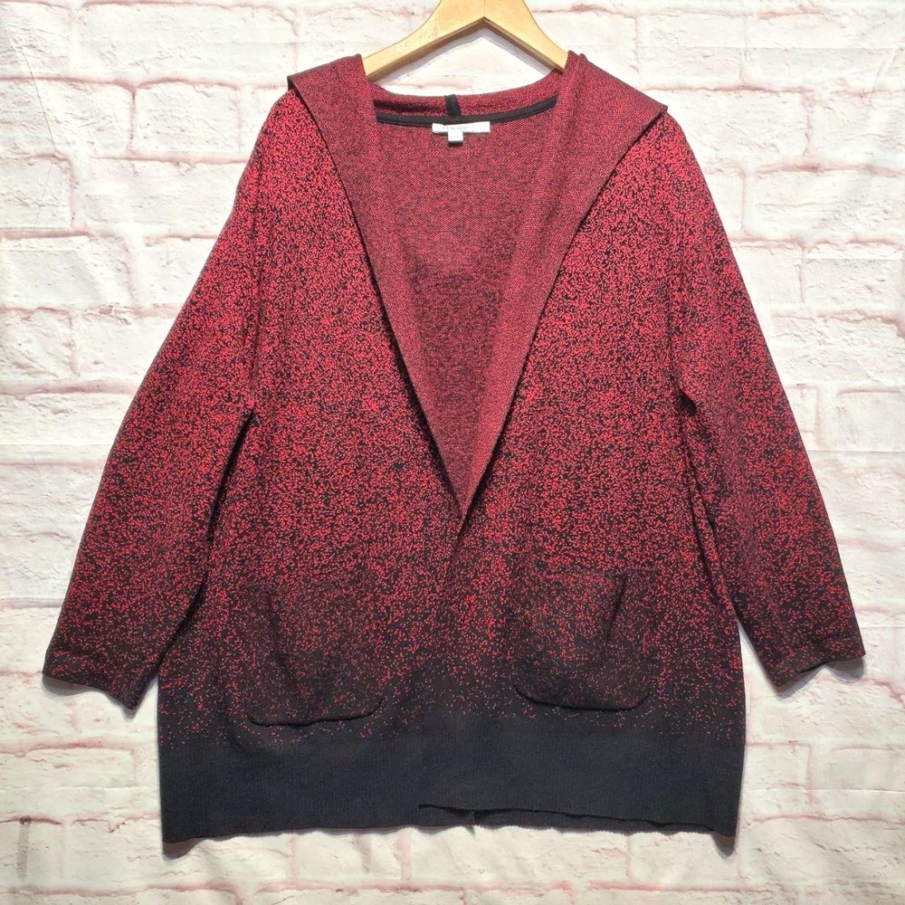 Chicos Hooded Cardigan Sweater Womens XL Red Black Open Front Pockets Soft Cozy